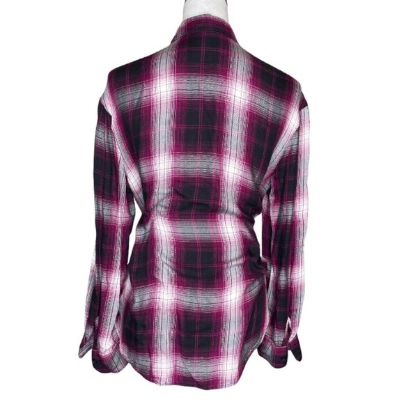 Express Women Button Plaid Shirt Roll Tab Sleeve Pocket Embellished Size Medium - Picture 2 of 6